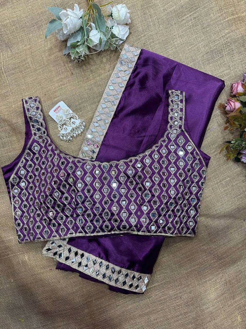 Lavender Satin Silk Mirror Work Saree – Designer Party Wear Saree with Embroidered Mirror Blouse