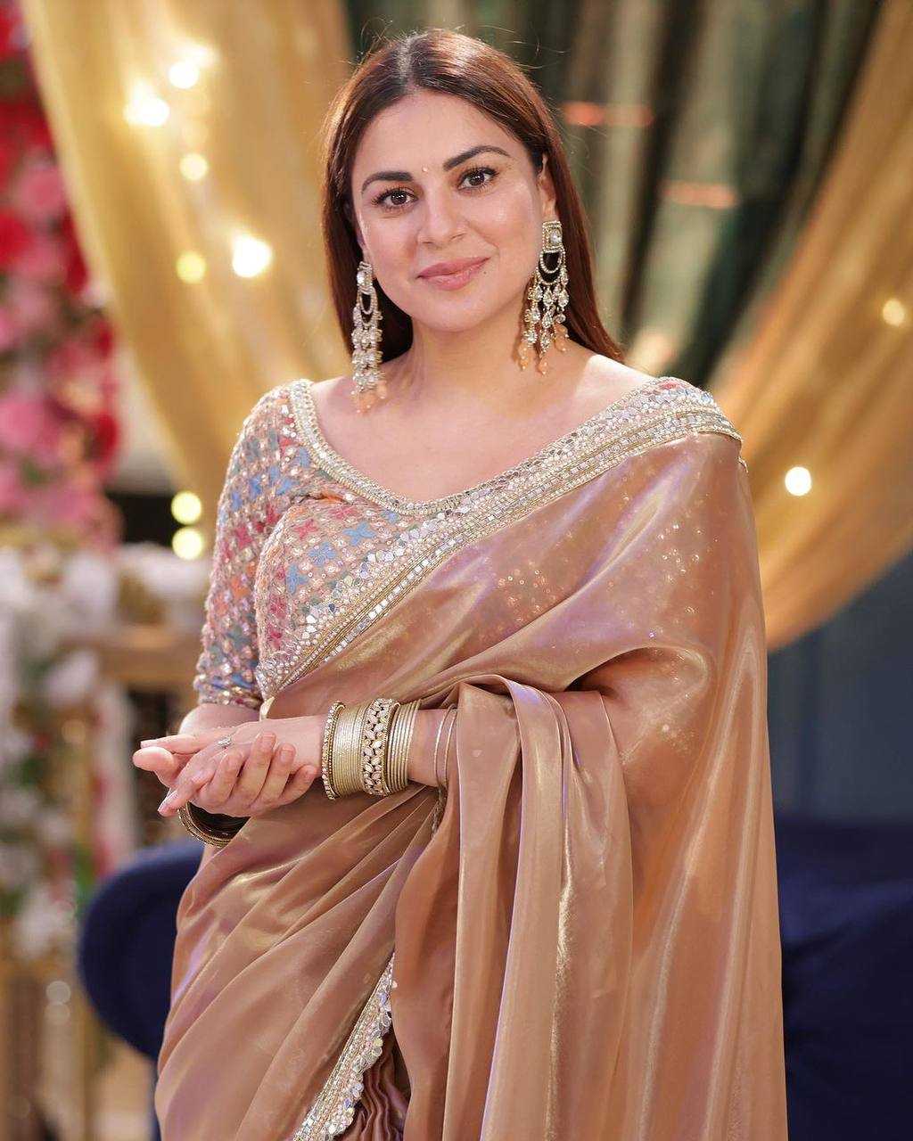 Jimmy Choo Dusty Gold Sequin & Embroidered Saree – Designer Party Wear