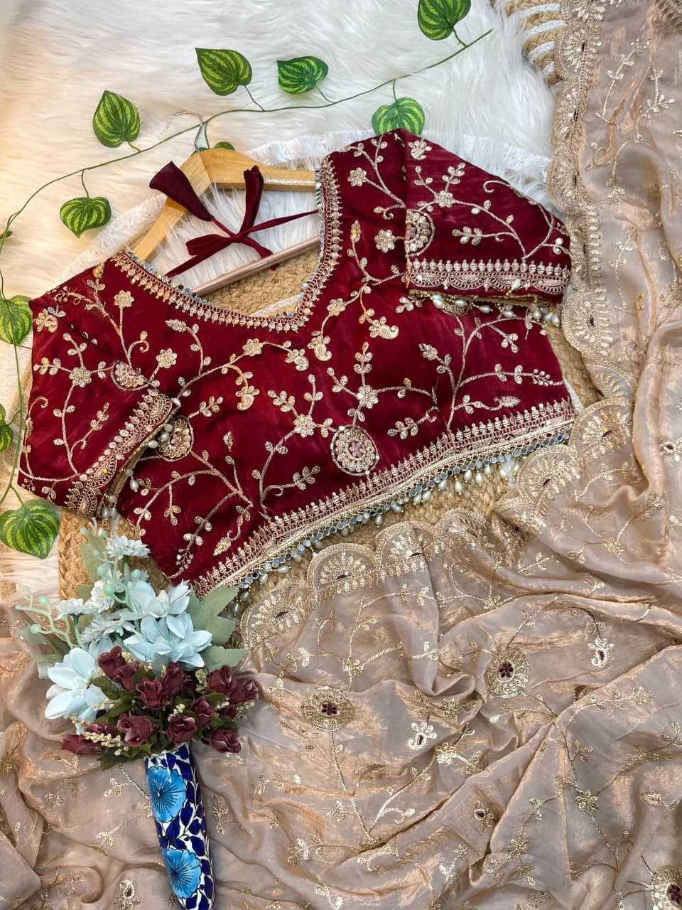 Ivory Fendy Satin Saree with Sequin Embroidery & Blouse - House of ViDi