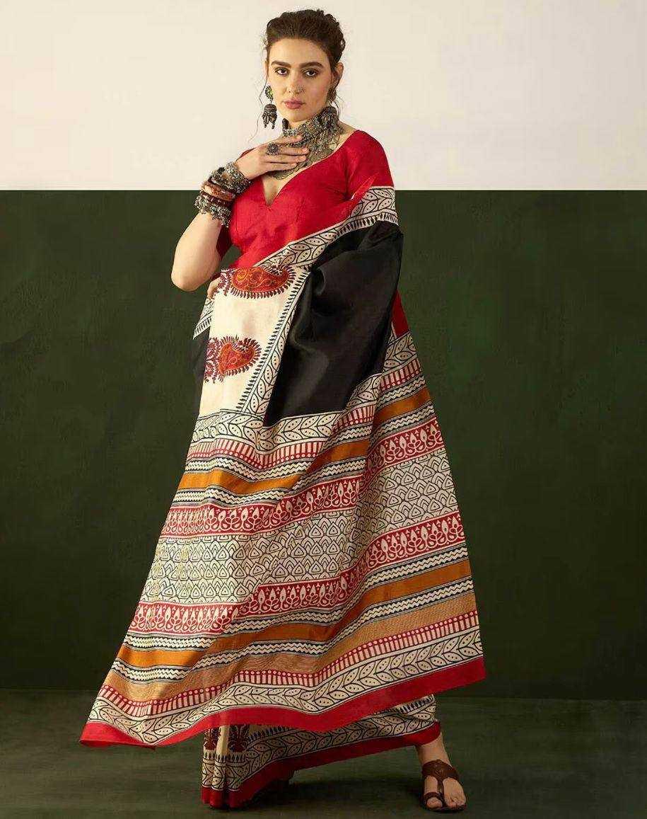 Black Pure Cotton Ajrakh Hand Block Print Saree with Blouse – Traditional Artisan Collection - House of ViDi
