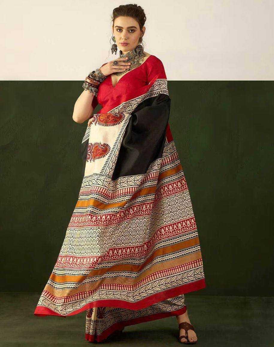 Black Pure Cotton Ajrakh Hand Block Print Saree with Blouse – Traditional Artisan Collection - House of ViDi