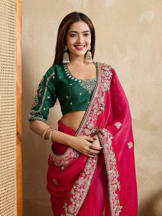 Premium Pink Fendy Chiffon Silk Saree with Heavy Embroidery & Mono Banglory Blouse – Perfect Wedding & Festive Wear - House of ViDi