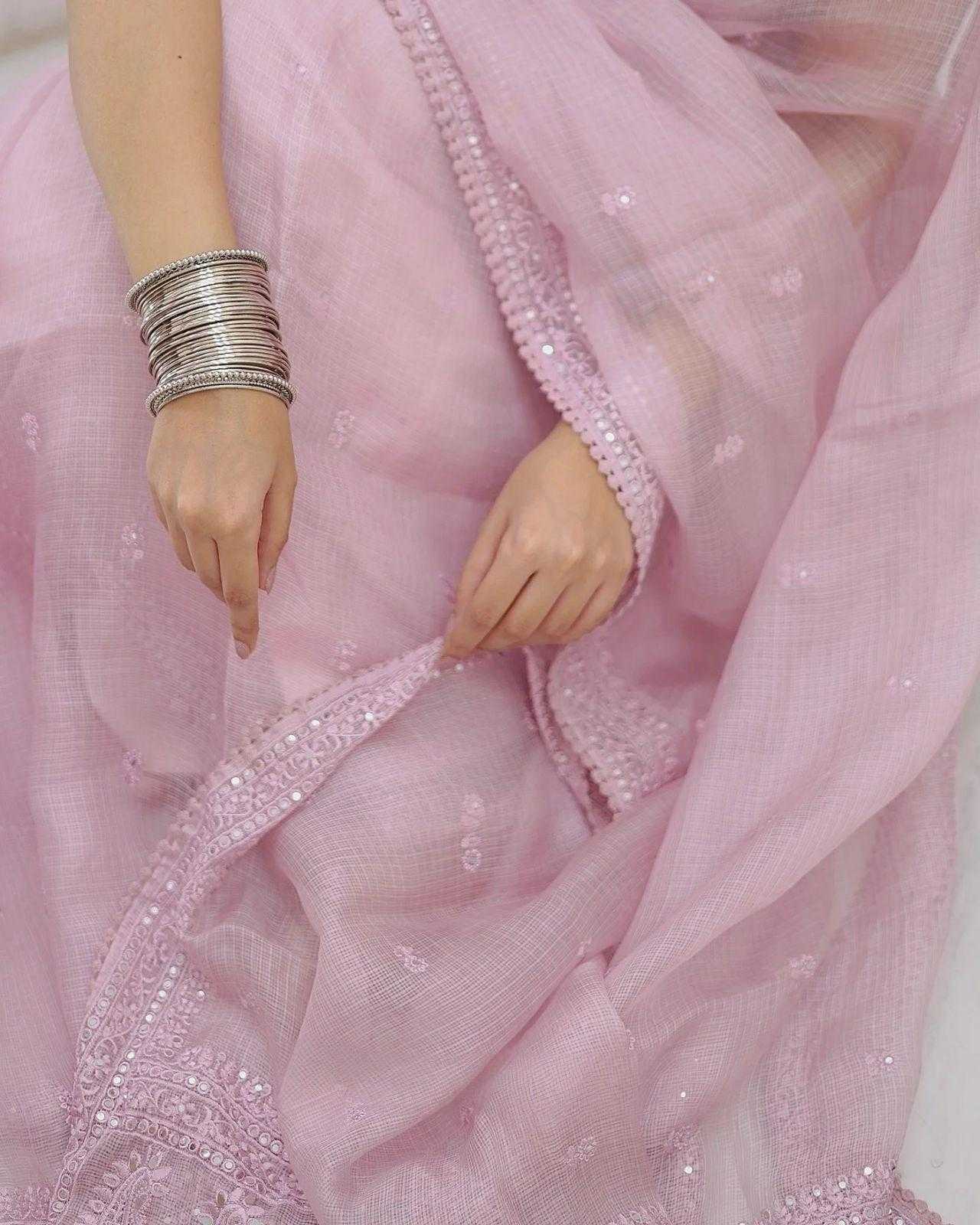 Lilac Kota Silk Saree with Sequin & Mirror Embroidery – Fancy Lace Border & Banglori Blouse - House of ViDi