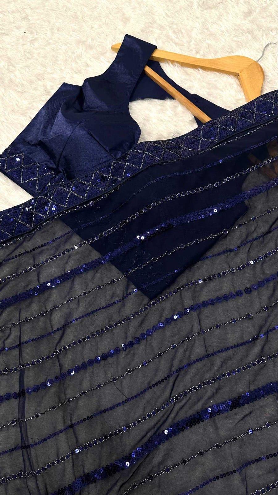 Navy Blue Georgette Saree with Sequins & Dori Embroidery - House of ViDi