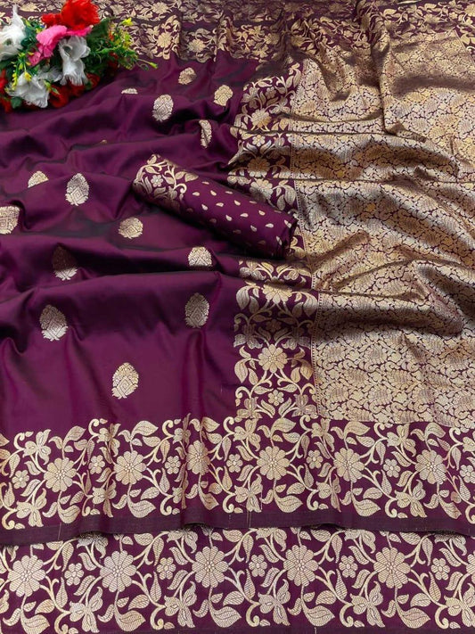 Wine Soft Silk Saree with Rich Pallu & All-Over Butta | Pure Katan Look | Traditional Designer Silk Saree - House of ViDi
