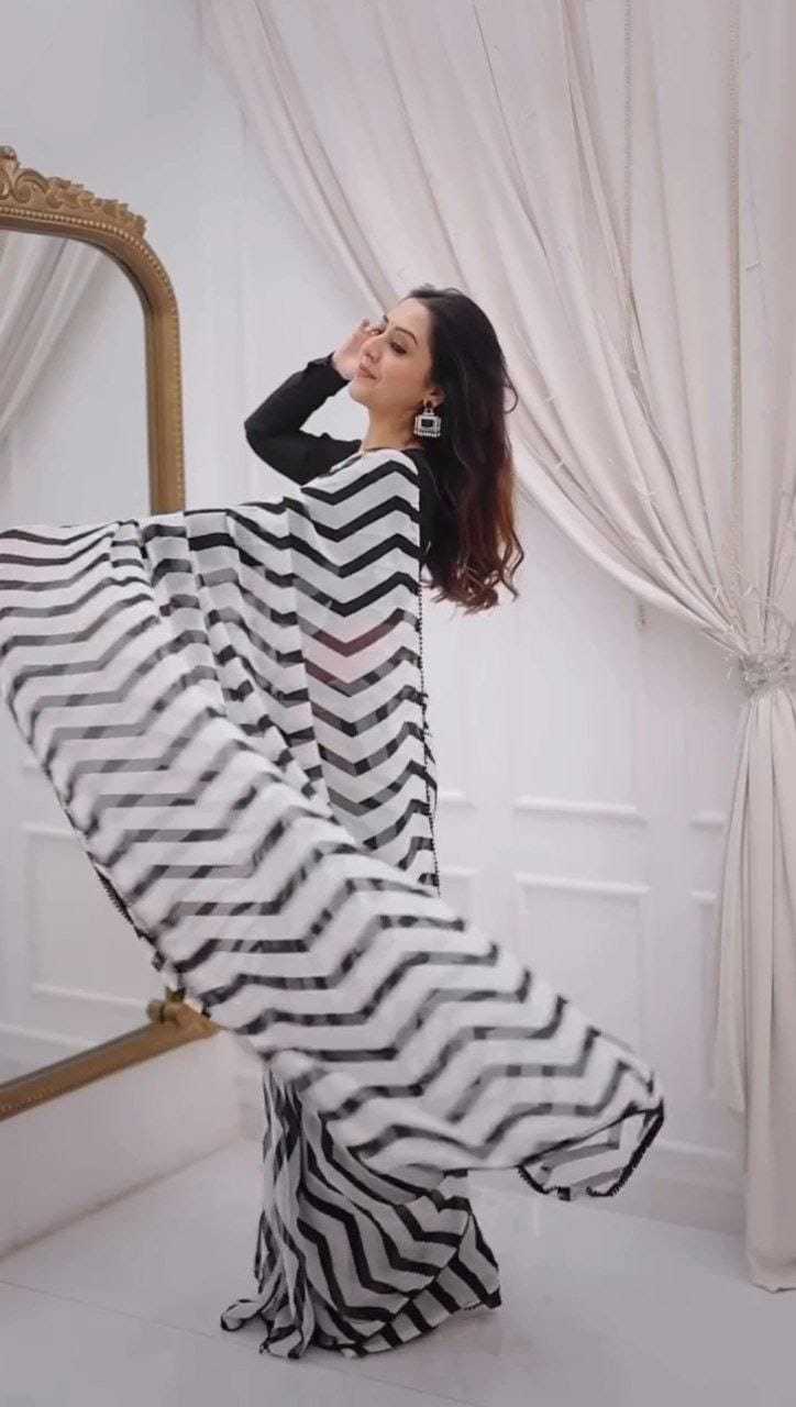 Black & White Printed Georgette Saree with Fancy Lace Border & Satin Blouse – Festive & Party Wear - House of ViDi