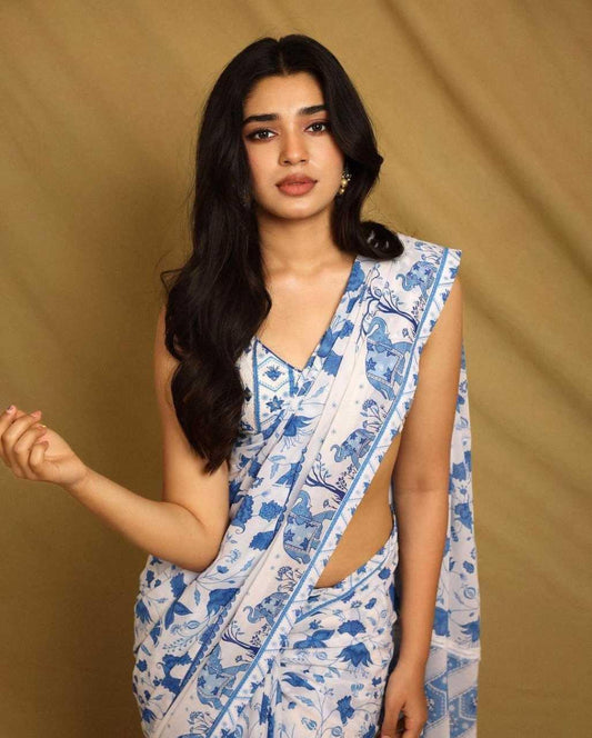 White Georgette Saree with Elephant Print & Lace Border - House of ViDi