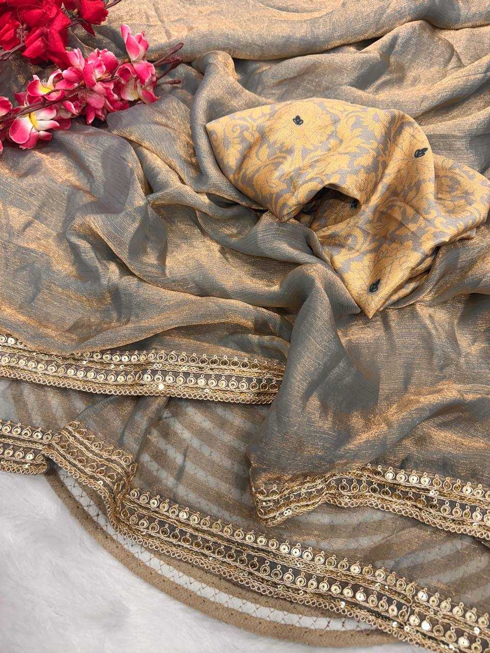 Tamannaah Bhatia Inspired Metallic Grey Chiffon Saree with Dual Sequin & Dori Embroidery - House of ViDi