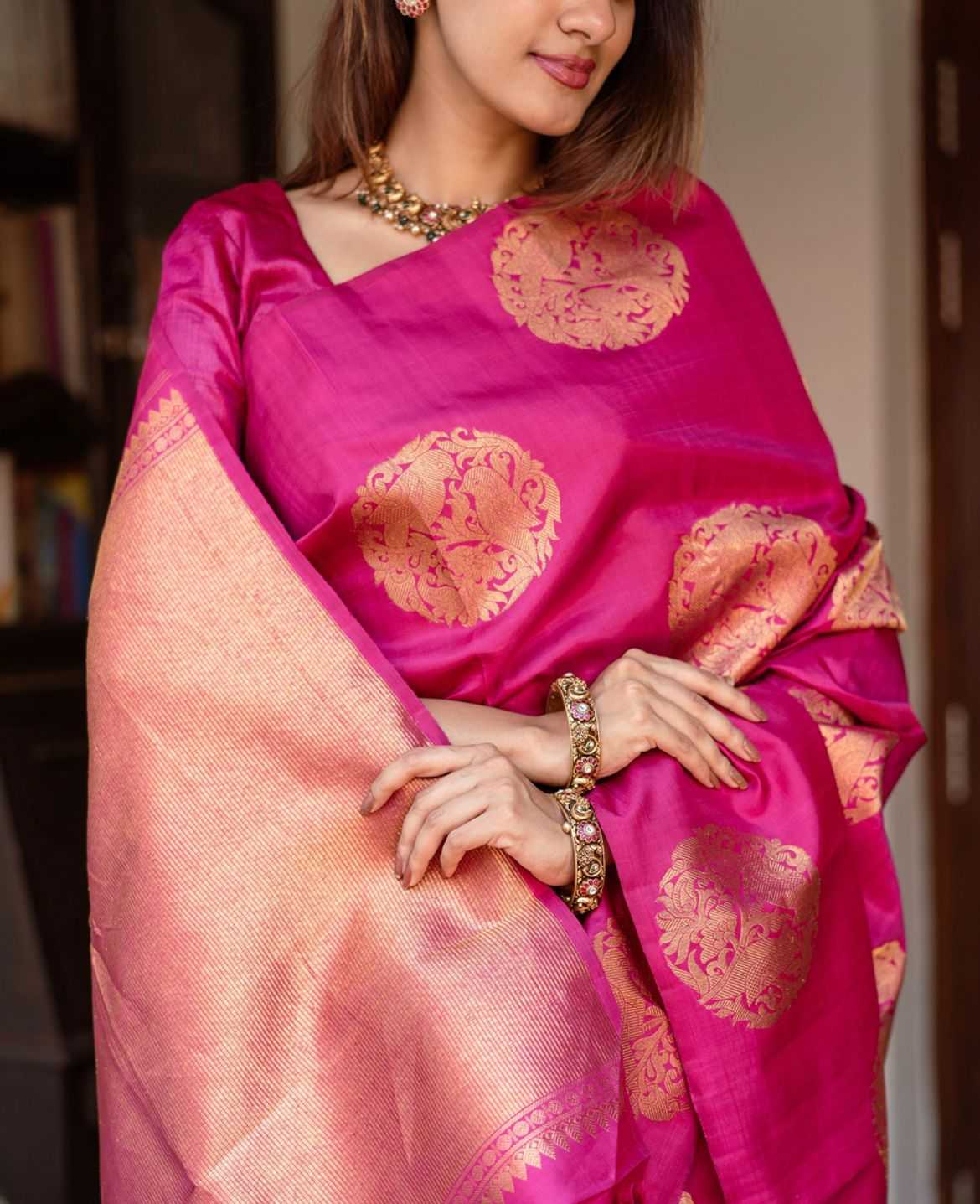Mesmerizing Dark Pink Banarasi Soft Silk Saree with Matching Jacquard Blouse – Wedding & Festive Wear - House of ViDi