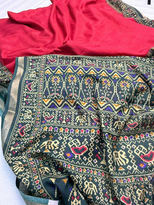 Deep Red Cotton Linen Leheriya Saree with Patola & Bandhani Pallu – Mulmul Cotton with Blouse - House of ViDi