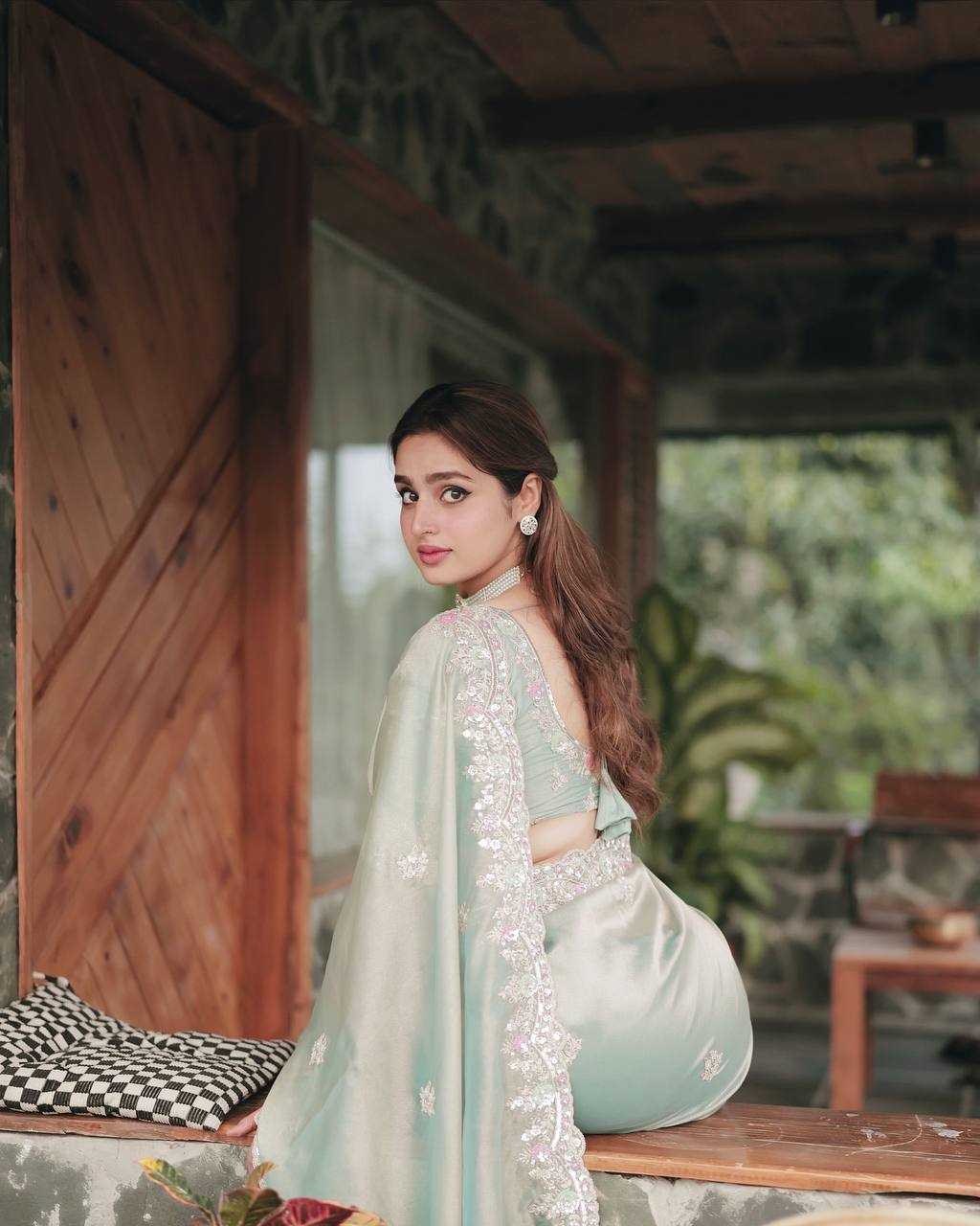 Ayesha Khan Inspired Embroidered Space Silk Saree with Multicolour Sequins – Party Wear with Designer Blouse - House of ViDi
