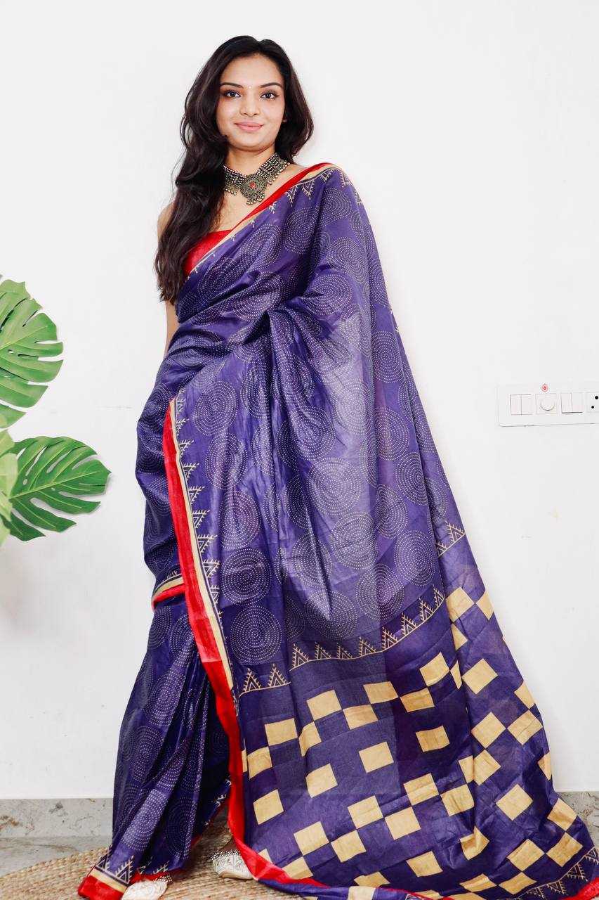 Pure Cotton Bagru Bandhani Hand Block Print Saree with Contrast Red Blouse – Elegant Party & Festive Wear - House of ViDi