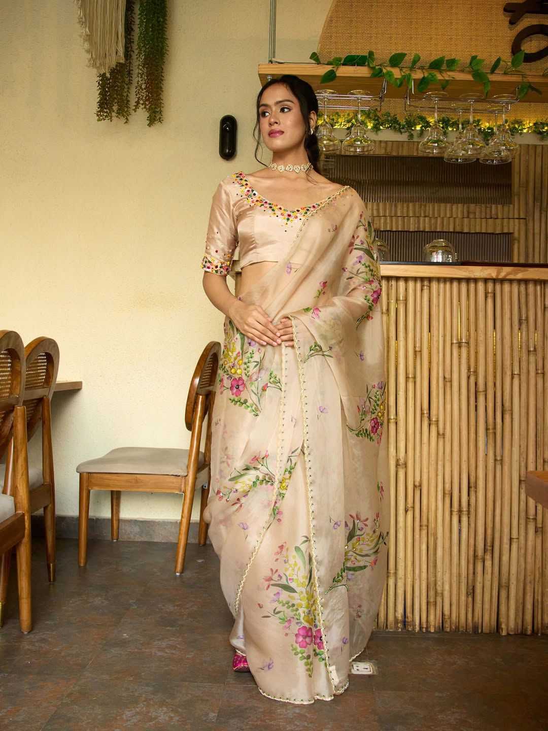 Tabby Silk Printed Saree with Handwork & Designer Blouse – Fresh Floral Elegance - House of ViDi
