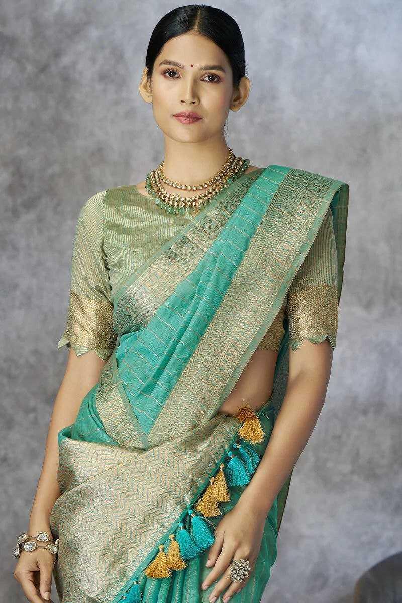 Mint Green Pure Khadi Cotton Handloom Saree with Rich Pallu & Tassel Detailing | Designer Traditional Saree - House of ViDi