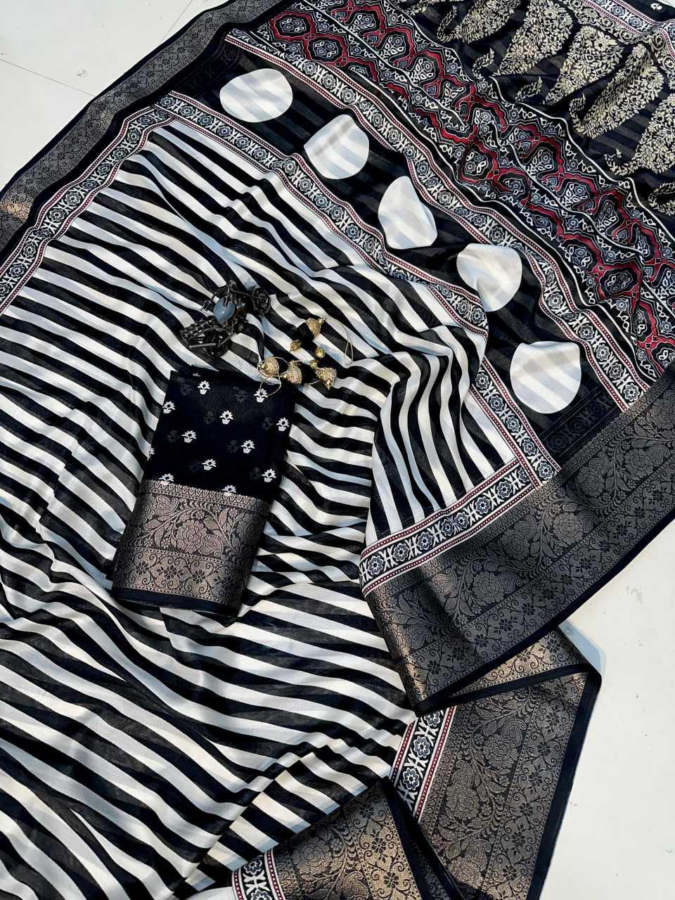 Black Soft Semi Dola Saree with Weaving Border & Contrast Blouse – Elegant Festive & Office Wear Saree - House of ViDi