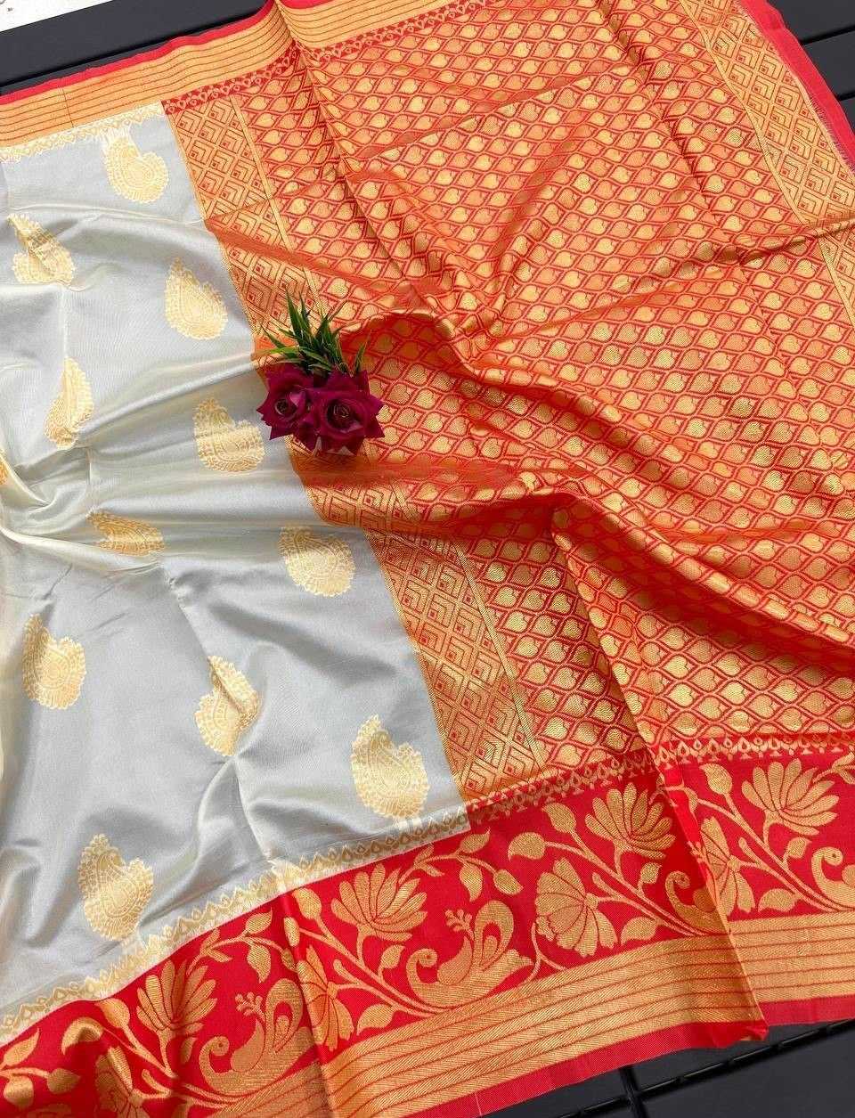 Banarasi Soft Silk Saree with Rich Zari Weaving – White & Red Durga Puja Elegance - House of ViDi