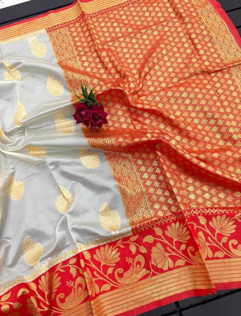 Banarasi Soft Silk Saree with Rich Zari Weaving – White & Red Durga Puja Elegance - House of ViDi