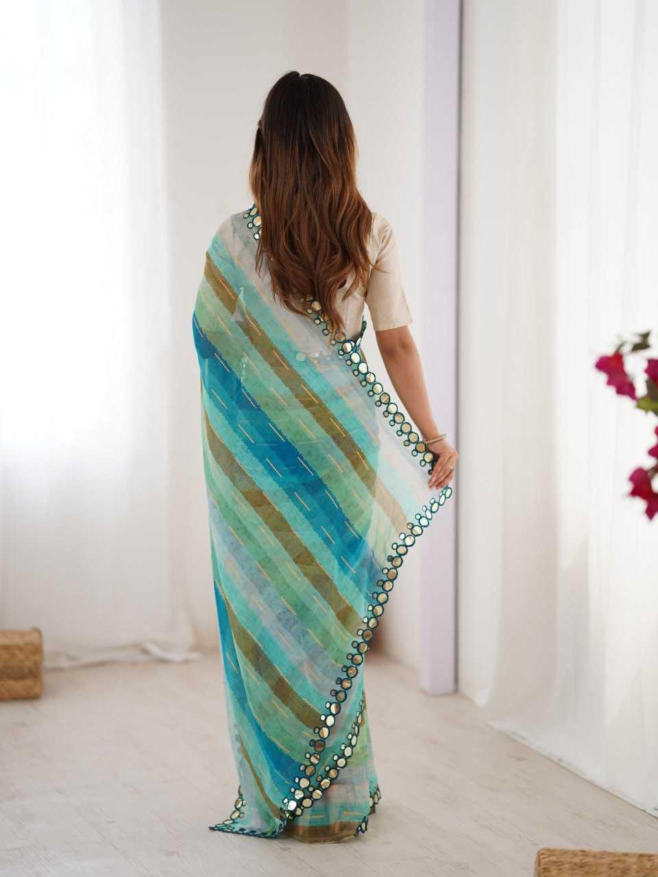 Sky Blue Heavy Marble Chiffon Lehriya Print Saree with Zari & Mirror Border – Elegant Festive & Party Wear Saree - House of ViDi