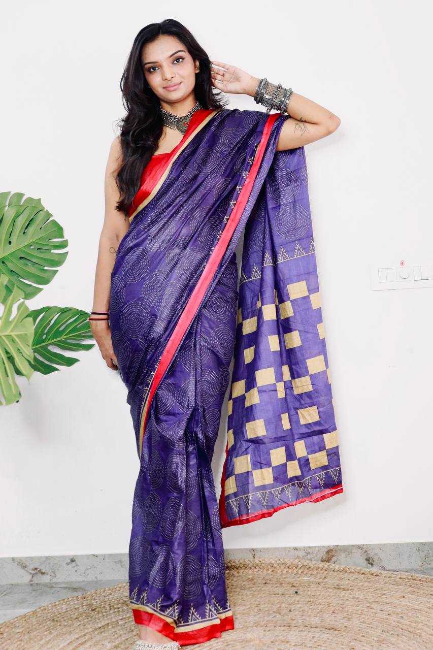 Pure Cotton Bagru Bandhani Hand Block Print Saree with Contrast Red Blouse – Elegant Party & Festive Wear - House of ViDi