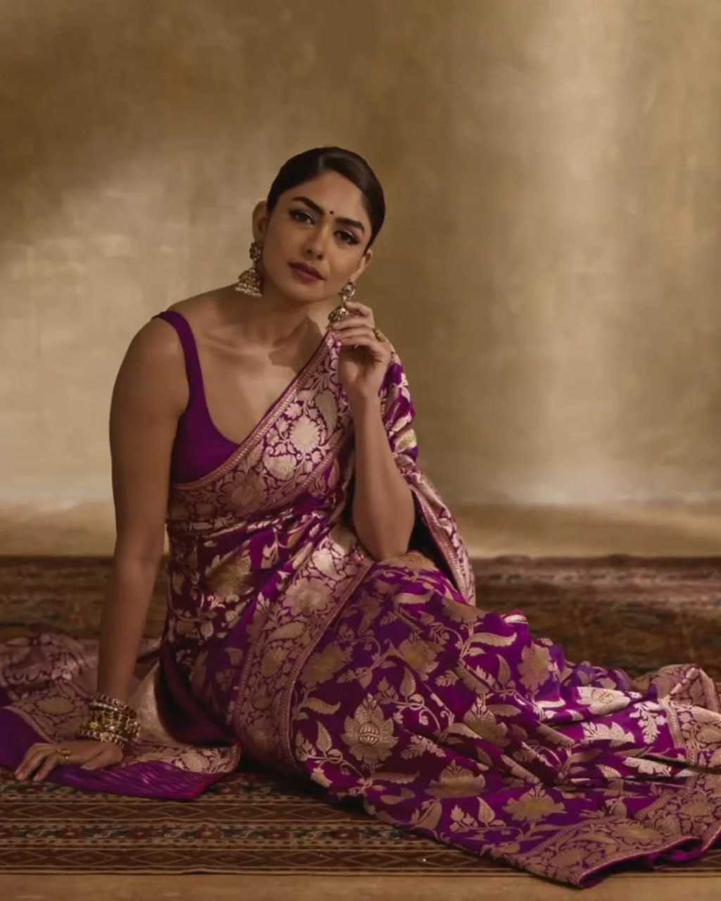 Mrunal Thakur Style Regal Purple Banarasi Silk Saree with Golden Zari Floral Weaves – Celebrity Wedding Wear - House of ViDi