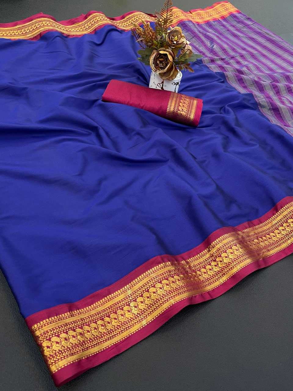 Blue Aura Cotton Designer Saree with Rich Border & Chitt Pallu – Festive & Elegant Wear