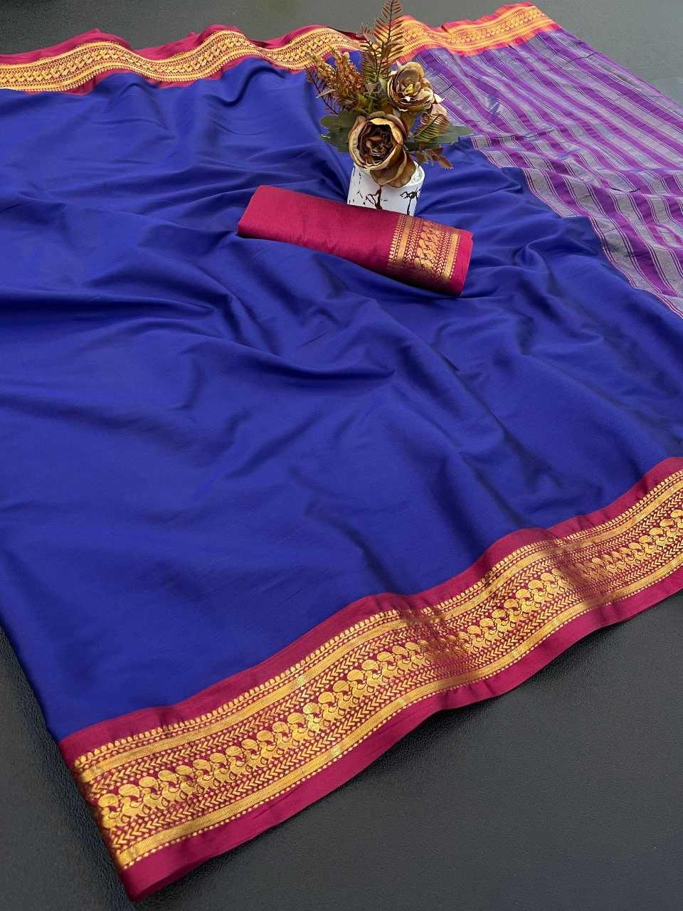 Blue Aura Cotton Designer Saree with Rich Border & Chitt Pallu – Festive & Elegant Wear - House of ViDi