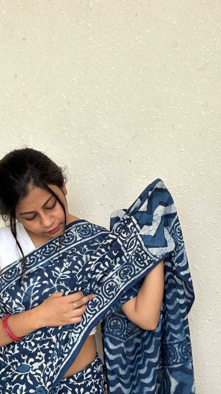 Blue Cotton Ready-to-Wear Printed Saree with Unstitched Blouse | Designer Everyday & Casual Saree