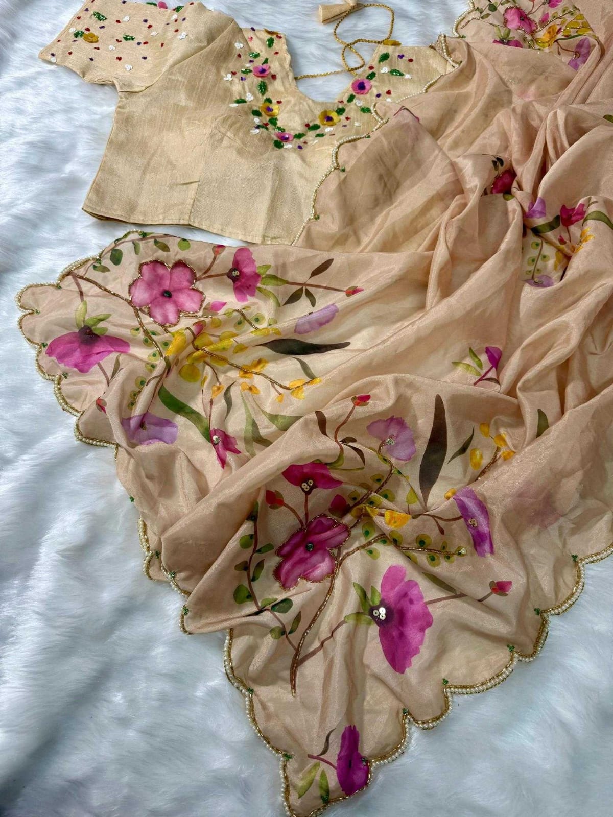 Tabby Silk Printed Saree with Handwork & Designer Blouse – Fresh Floral Elegance - House of ViDi