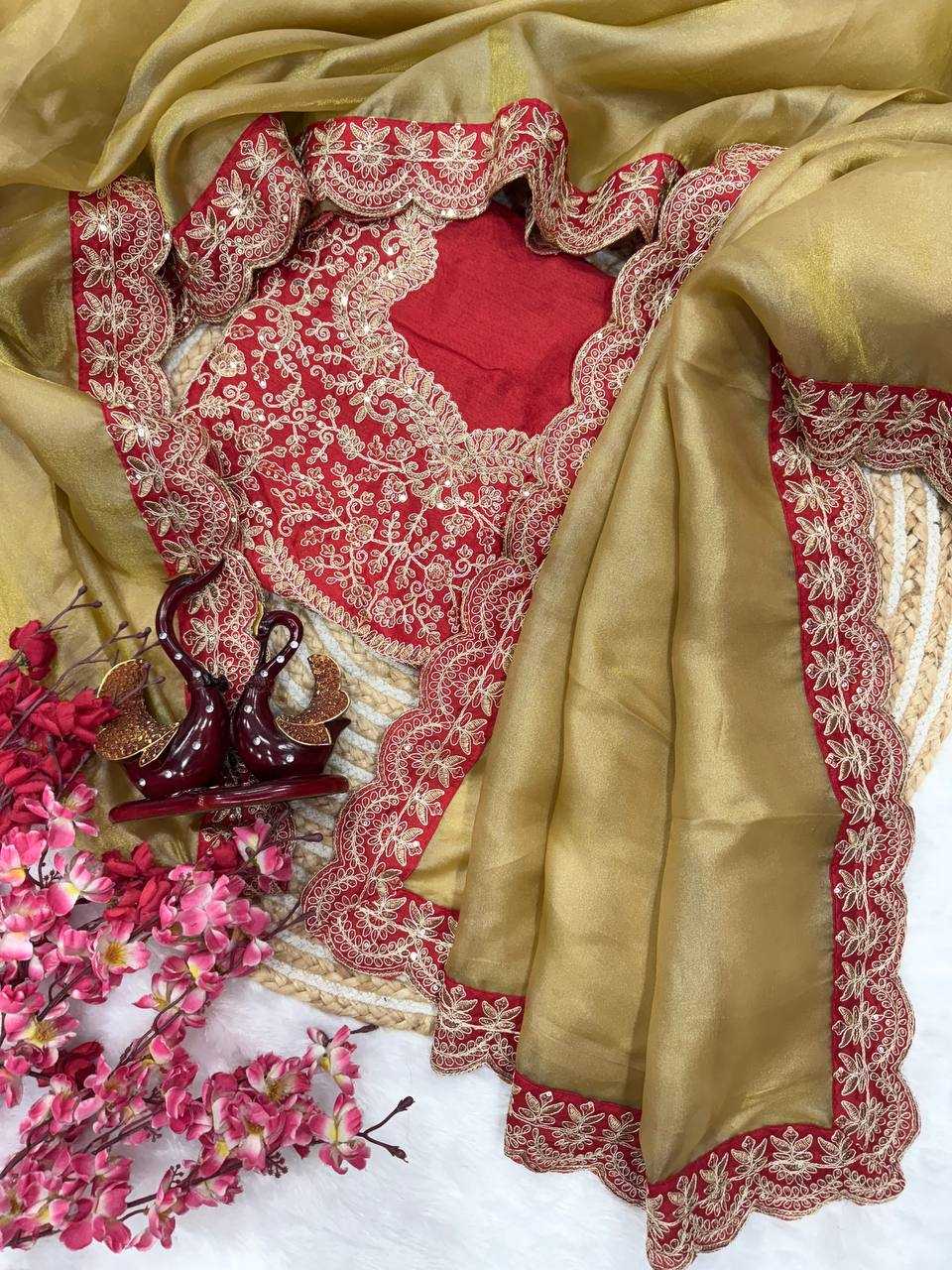 Premium Zoya Gold Tissue Saree – Sequin & Cording Embroidery with Heavy Banglori Blouse - House of ViDi