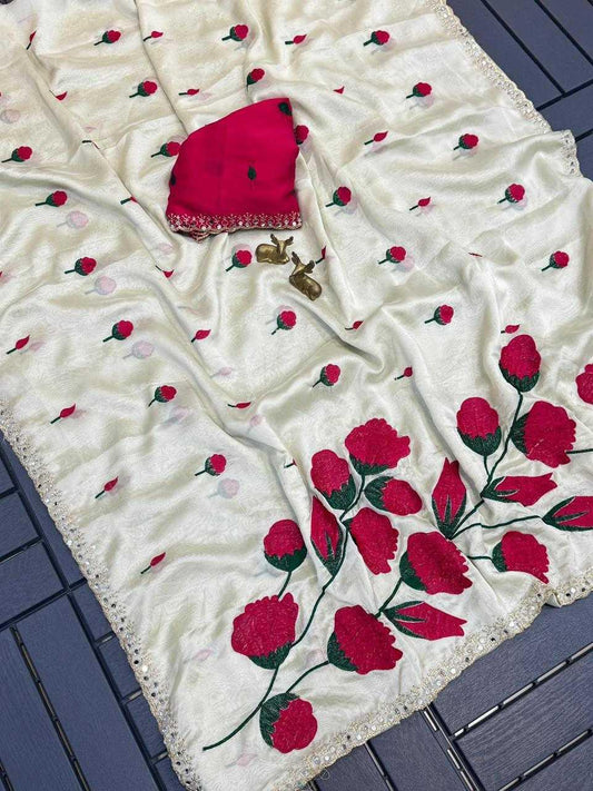 Red Rangoli Silk Saree with Mirror Work & Cutwork Border - House of ViDi