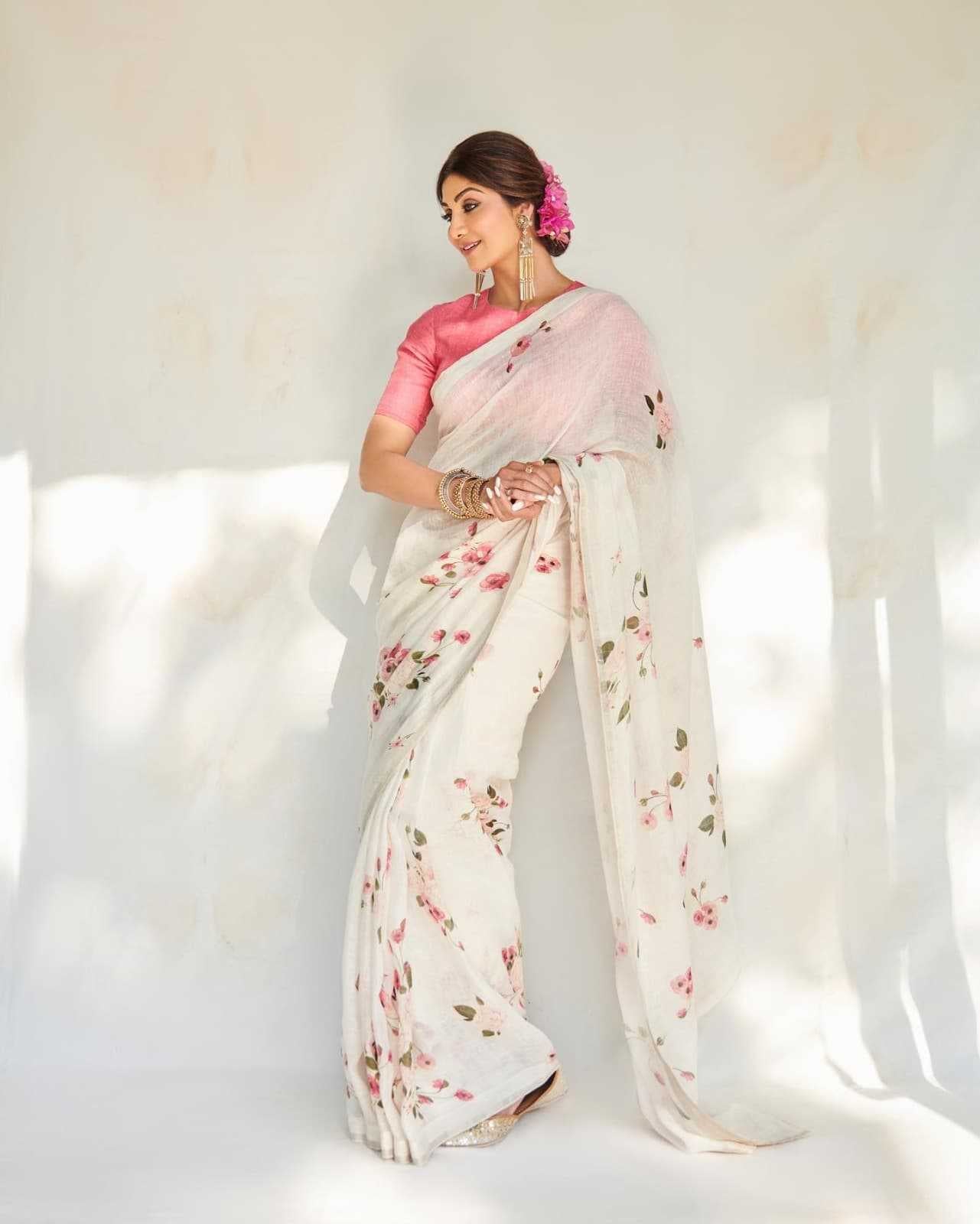 Soft Linen Cotton Floral Print Saree | Shilpa Shetty Inspired Elegant Summer Drape - House of ViDi