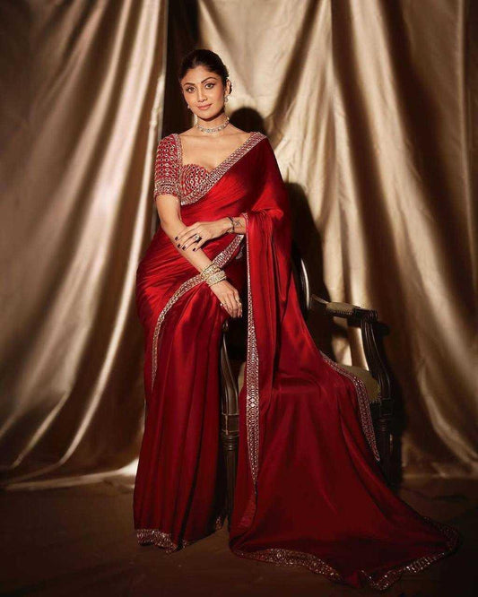 Shilpa Shetty Inspired Red Satin Silk Mirror Work Saree – Designer Party Wear Saree with Embroidered Mirror Blouse - House of ViDi