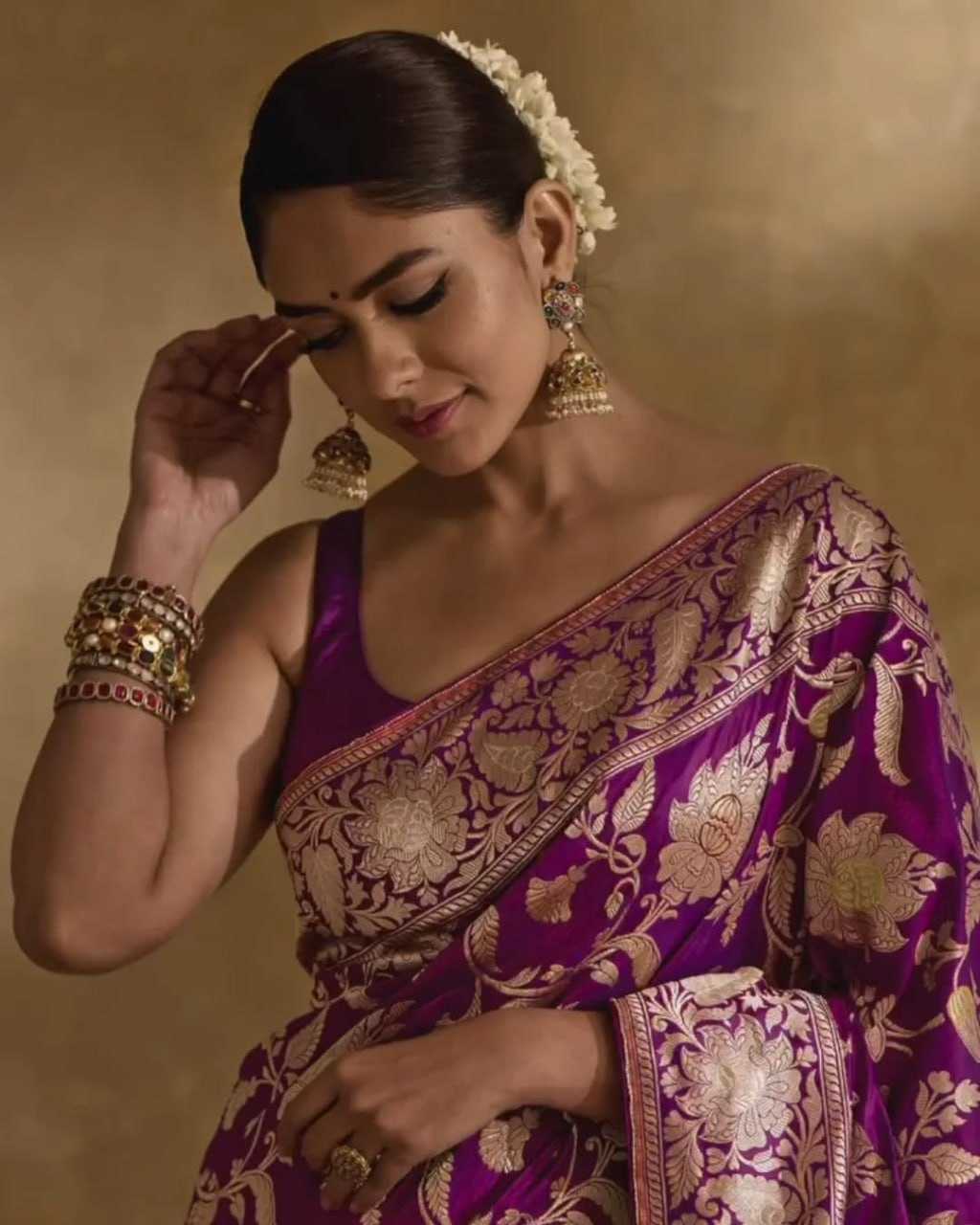 Mrunal Thakur Style Regal Purple Banarasi Silk Saree with Golden Zari Floral Weaves – Celebrity Wedding Wear - House of ViDi