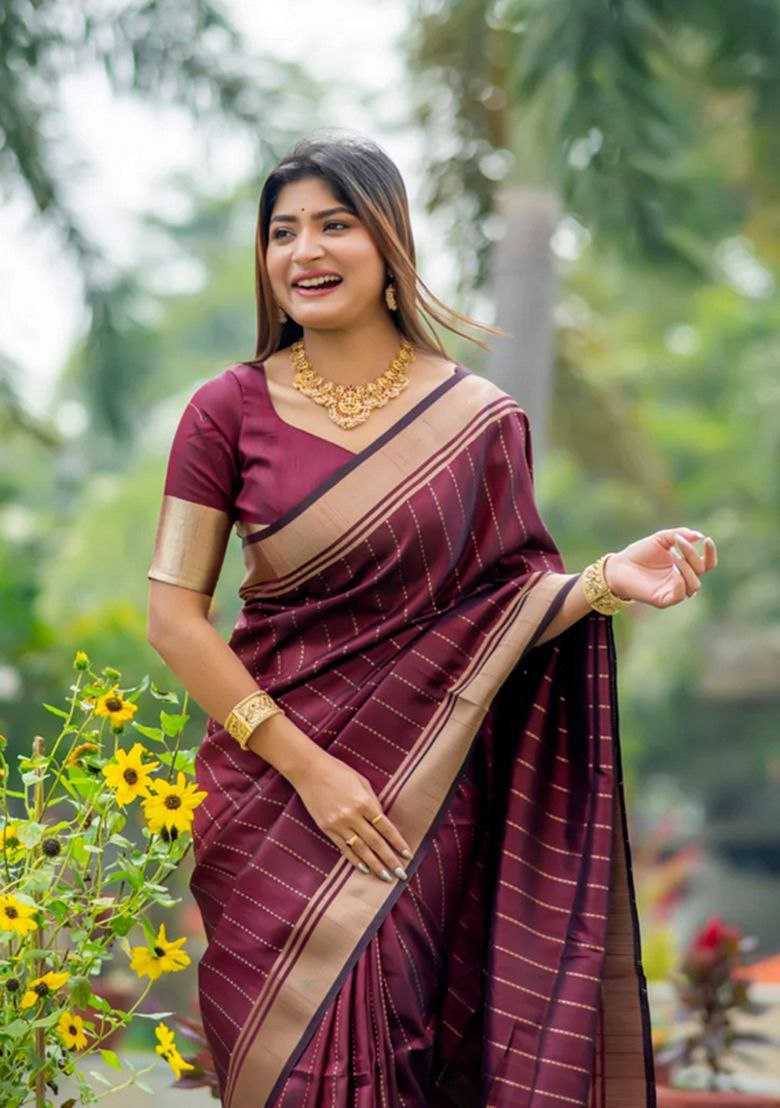 Banarasi Soft Silk Saree with Traditional Zari Border & Solid Jacquard Weave – Unstitched Blouse Included - House of ViDi
