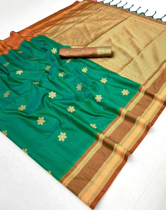 Green Tussar Silk Handloom Weaving Saree with Rich Zari Border – Perfect for Festivals & Celebrations - House of ViDi