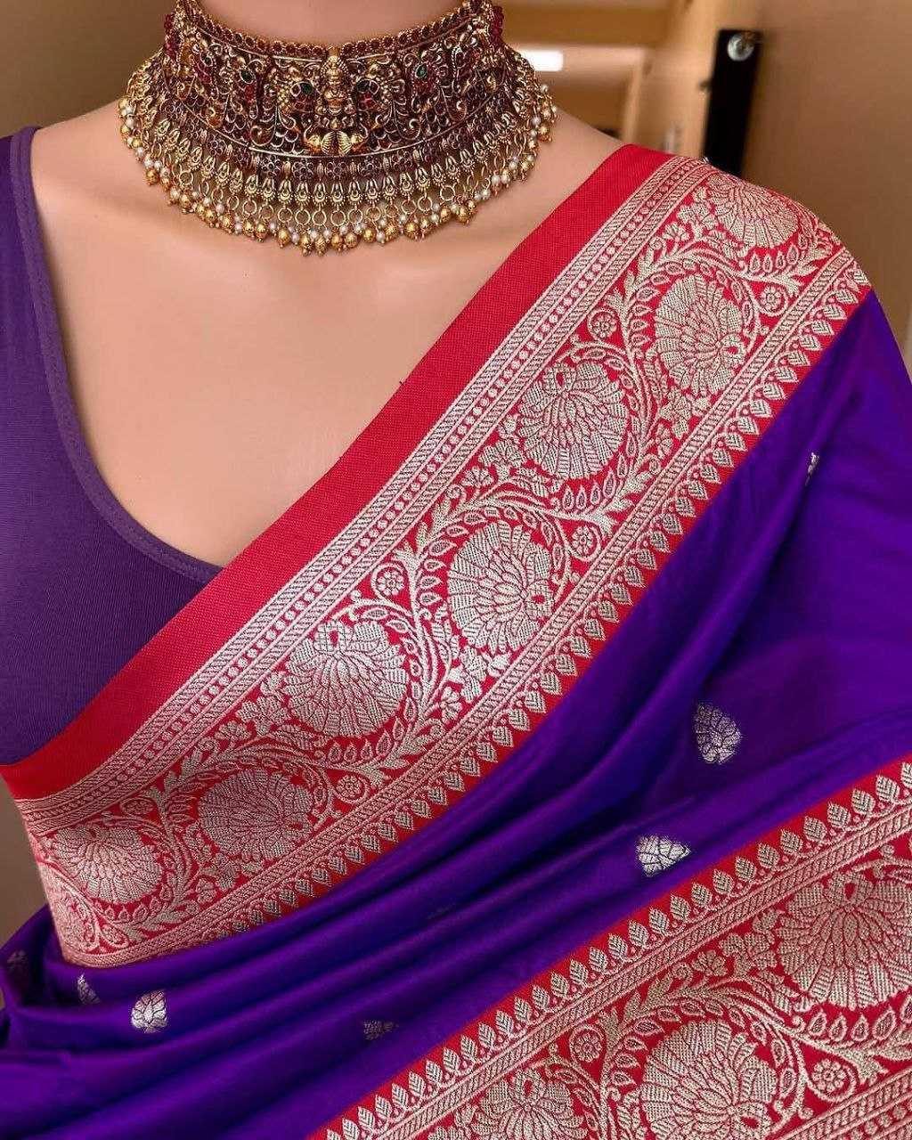 Violet Pure Soft Banarasi Silk Saree with Mina Work, Butti Weaving & Rich Contrast Border | Designer Party Wear Saree - House of ViDi