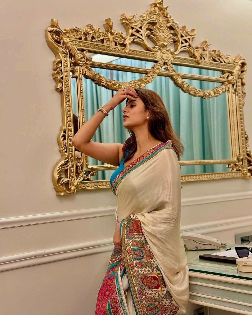 Anjali Arora Inspired Gajji Silk Ajrakh Saree with Rich Pallu & Contrast Blouse - House of ViDi