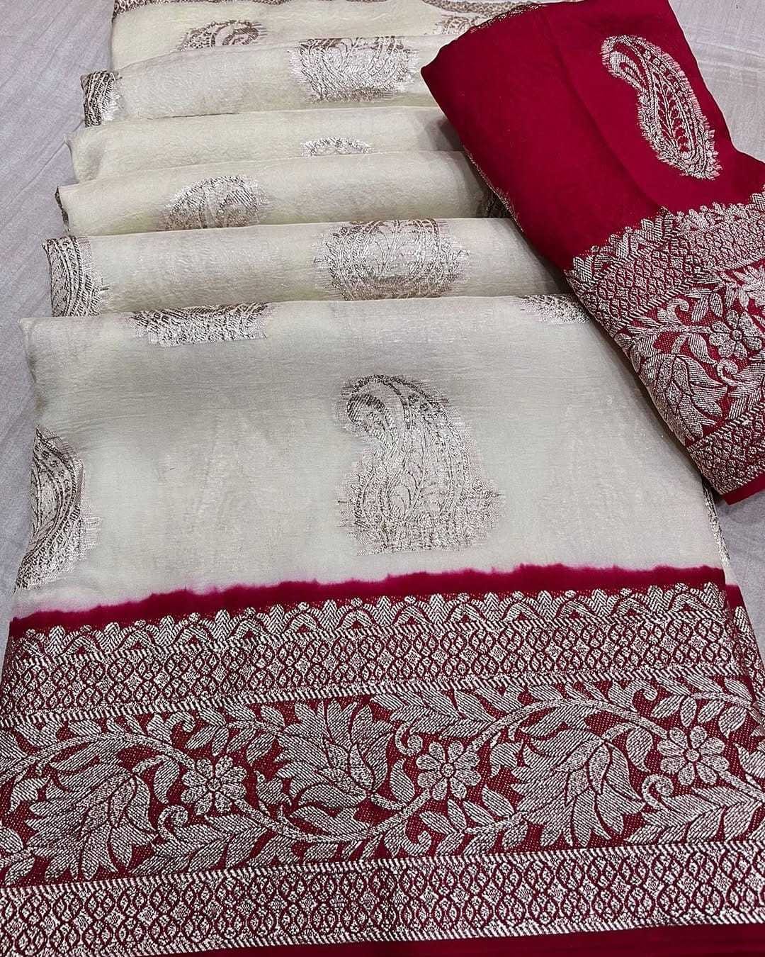 Russian Silk Jacquard Saree with Zari Weaving & Contrast Blouse – Festive Elegance - House of ViDi