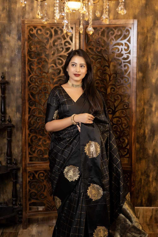 Black Premium Satin Silk Party Wear Saree with Zari Woven Border & Butta Design - House of ViDi