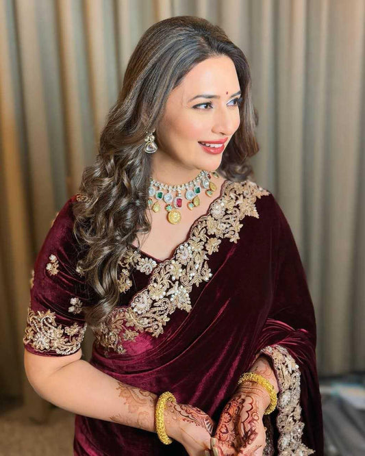 Divyanka Tripathi Inspired Velvet Saree – Burgundy - House of ViDi