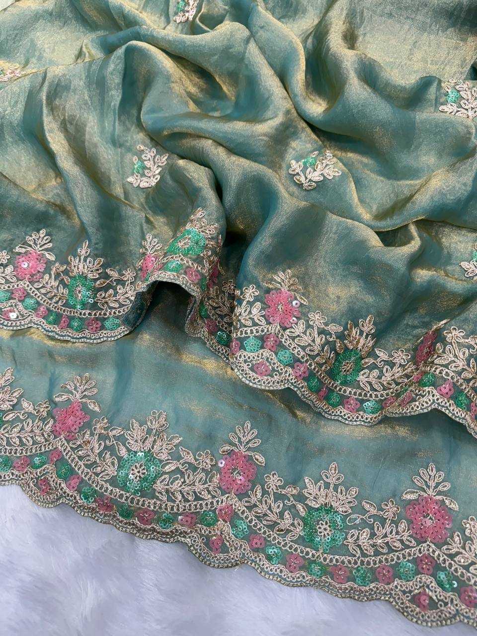 Ayesha Khan Inspired Embroidered Space Silk Saree with Multicolour Sequins – Party Wear with Designer Blouse - House of ViDi