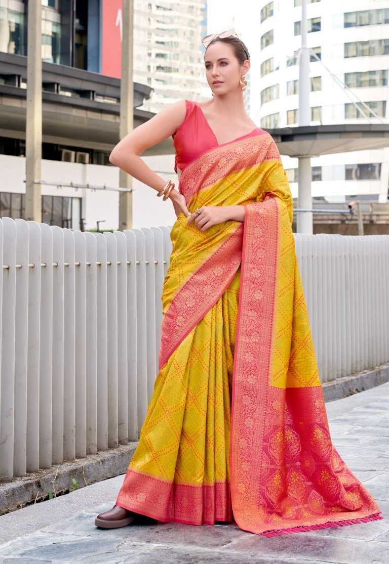 Yellow Soft Silk Saree with Bandhani Weaving & Traditional Border | Designer Fancy Saree