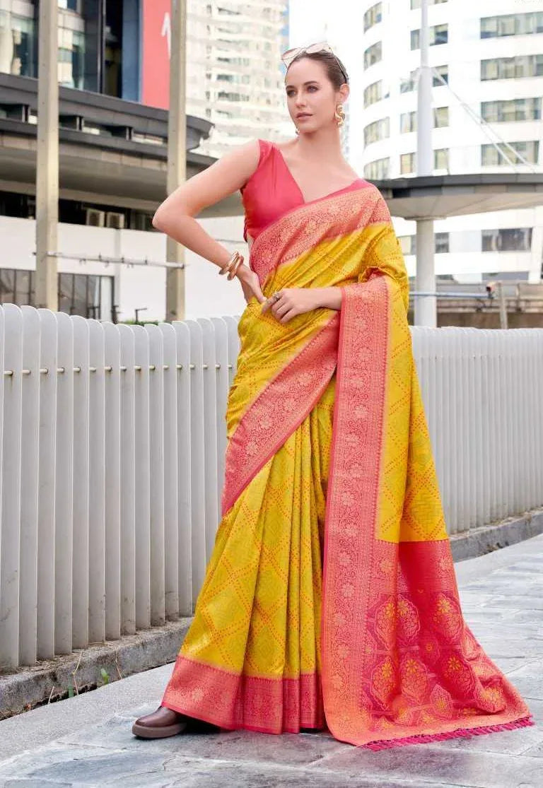 Yellow Soft Silk Saree with Bandhani Weaving & Traditional Border | Designer Fancy Saree - House of ViDi