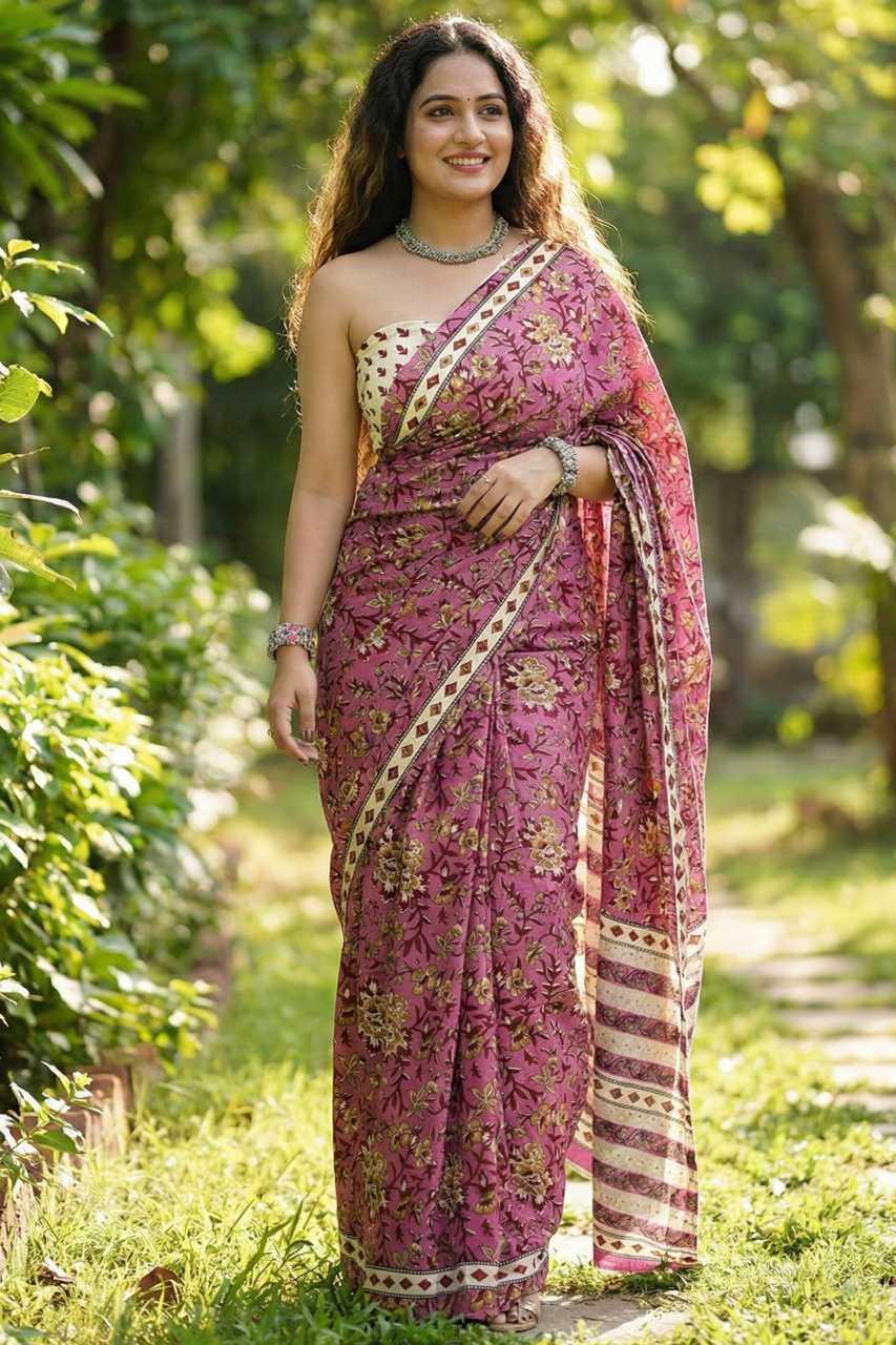 Onion Premium Cotton Mulmul Ajrakh Bagru Printed Saree with Blouse - House of ViDi