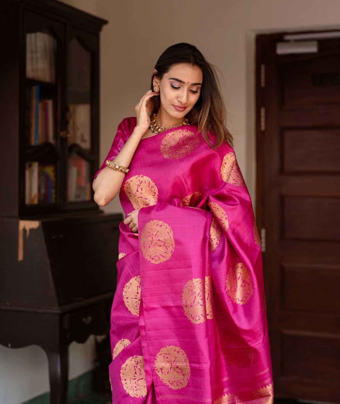 Mesmerizing Dark Pink Banarasi Soft Silk Saree with Matching Jacquard Blouse – Wedding & Festive Wear - House of ViDi