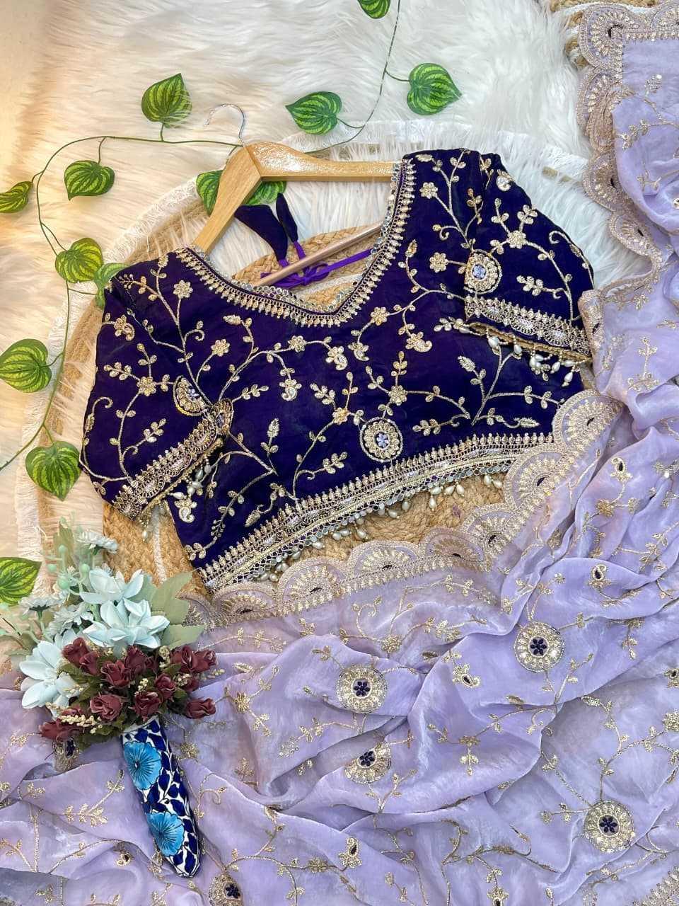 Purple Designer Party Wear Fendy Satin Saree with Heavy Sequin Embroidery & Stitched Blouse - House of ViDi