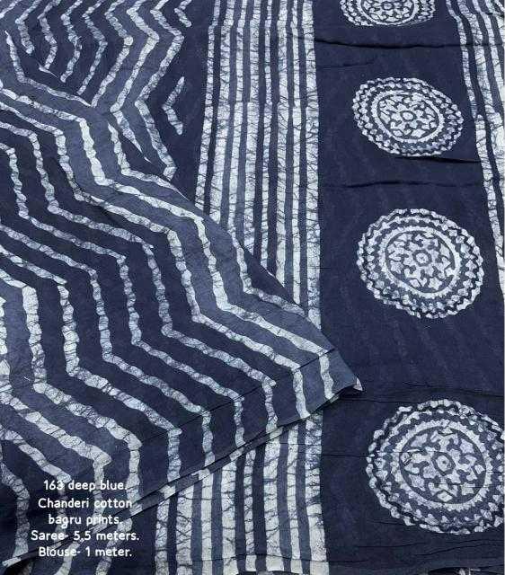 Navy Blue Chanderi Cotton Bagru Batik Printed Saree with Zig Zag Motifs & Tassel Pallu | House of ViDi - House of ViDi
