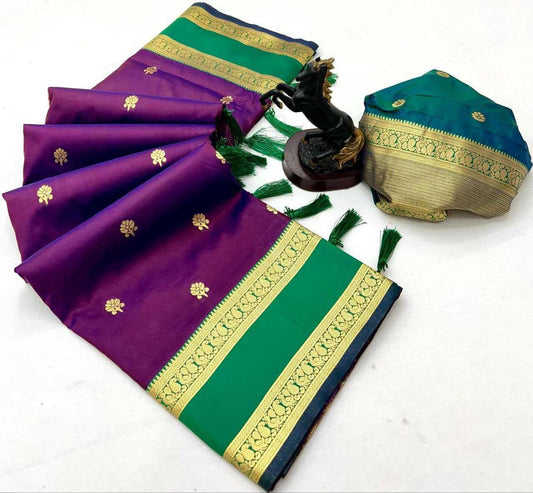 Wine Premium Soft Silk Kanjeevaram Saree with Dual Zari Butta, Rich Woven Pallu & Designer Silk Blouse - House of ViDi
