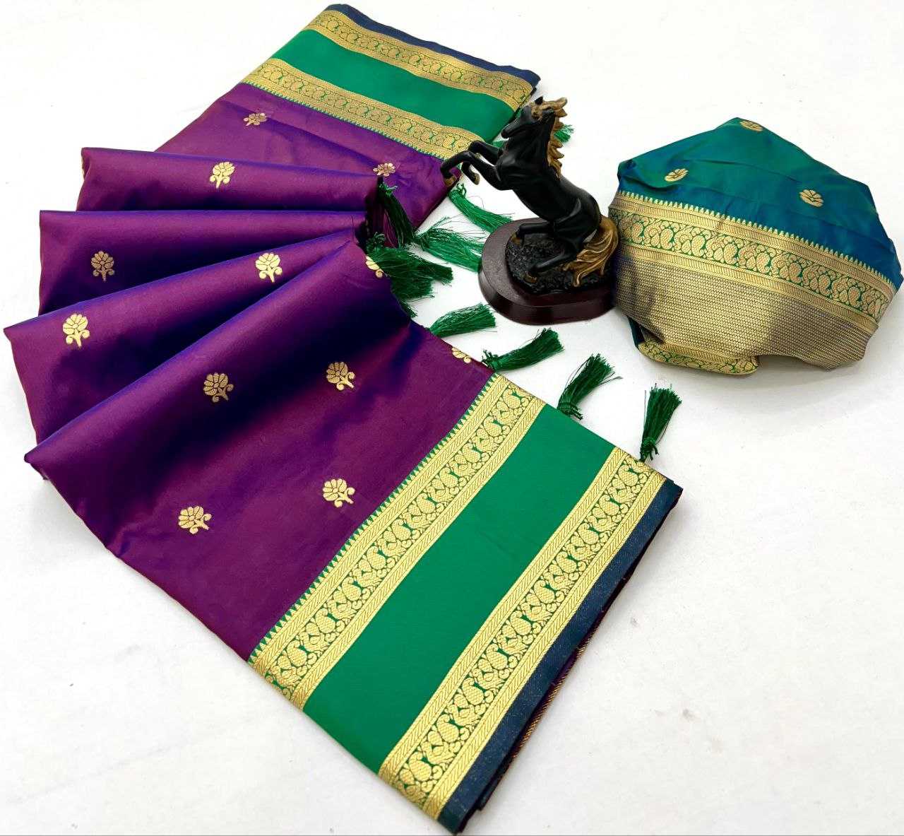 Wine Premium Soft Silk Kanjeevaram Saree with Dual Zari Butta, Rich Woven Pallu & Designer Silk Blouse