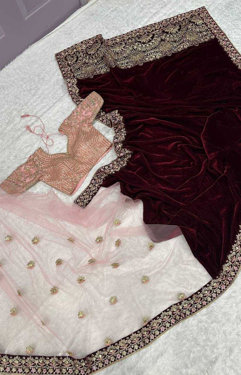 Designer Velvet & Net Saree with Sequins, Thread & Dori Work – Maroon & Nude Contrast